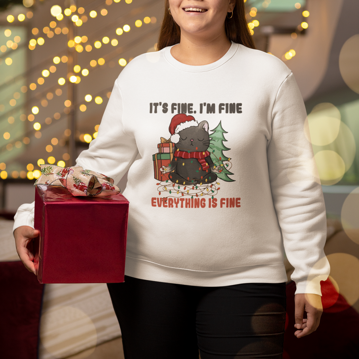 Christmas Black Cat Sweatshirt It's Fine I'm Fine Everything Is Fine Xmas Light Funny - Wonder Print Shop