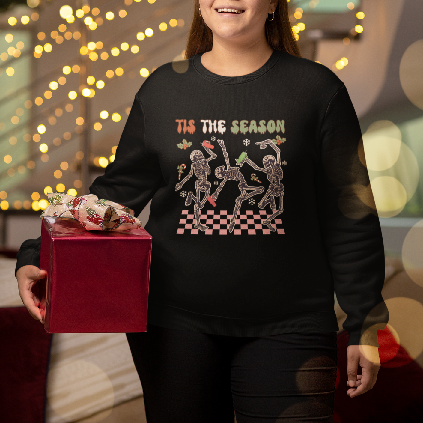 Dancing Skeleton Christmas Sweatshirt Tis The Season Retro Boujee Xmas Vibe - Wonder Print Shop