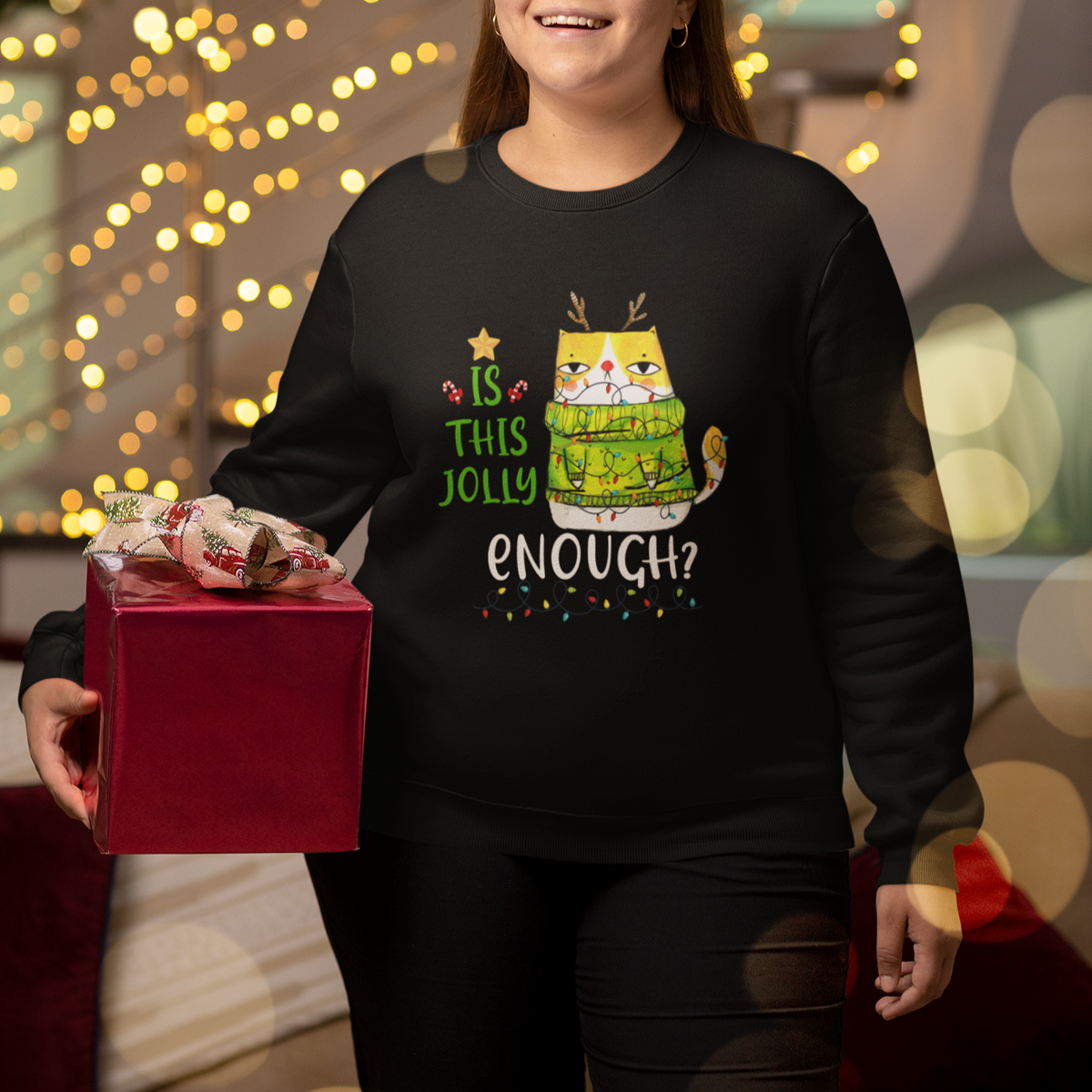 Is This Jolly Enough Funny Cat Merry Christmas Light Sweatshirt - Wonder Print Shop