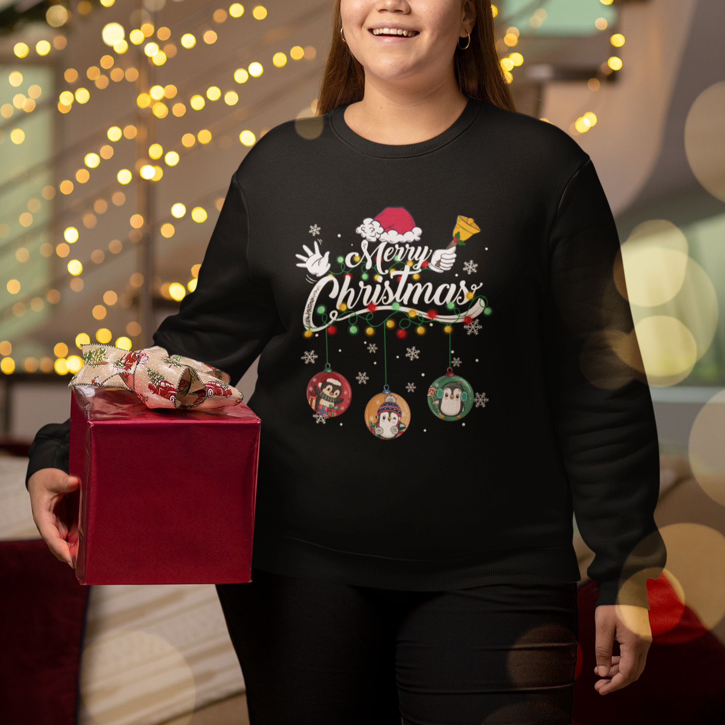 Mini Penguin With Xmas Light Ornaments Balls Merry Christmas Sweatshirt - Wonder Print Shop