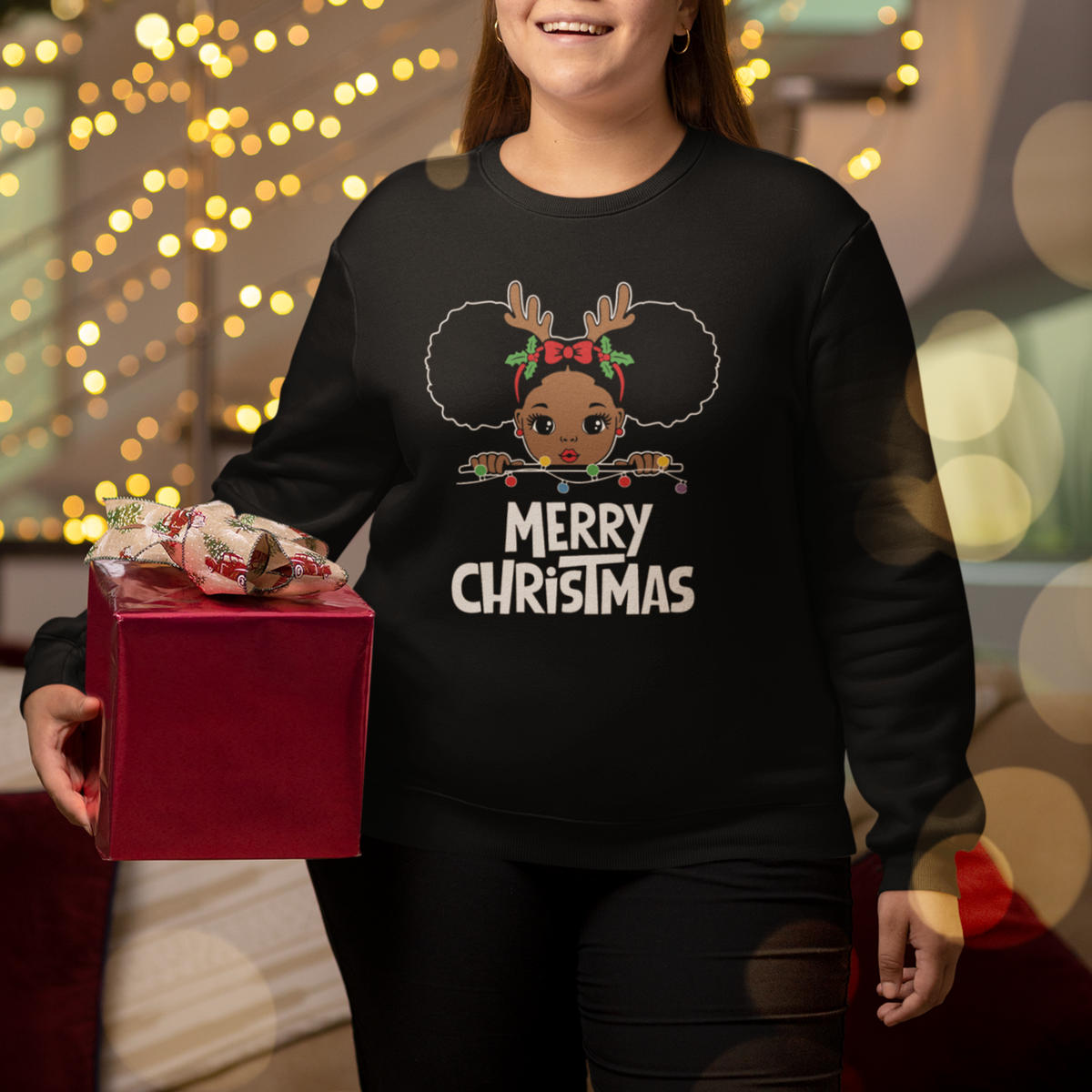 Christmas Mrs. Claus Peeking Santa African American Sweatshirt - Wonder Print Shop