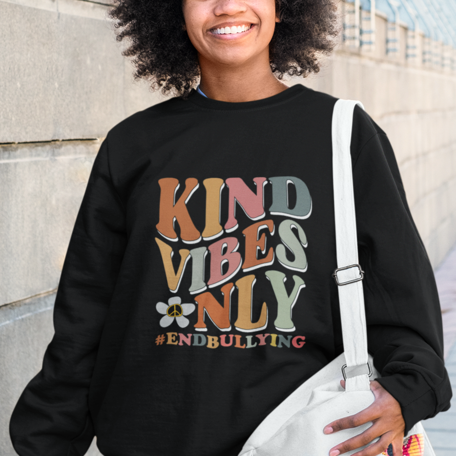 Anti Bullying Sweatshirt Kind Vibes Only End Bullying Retro Groovy - Wonder Print Shop