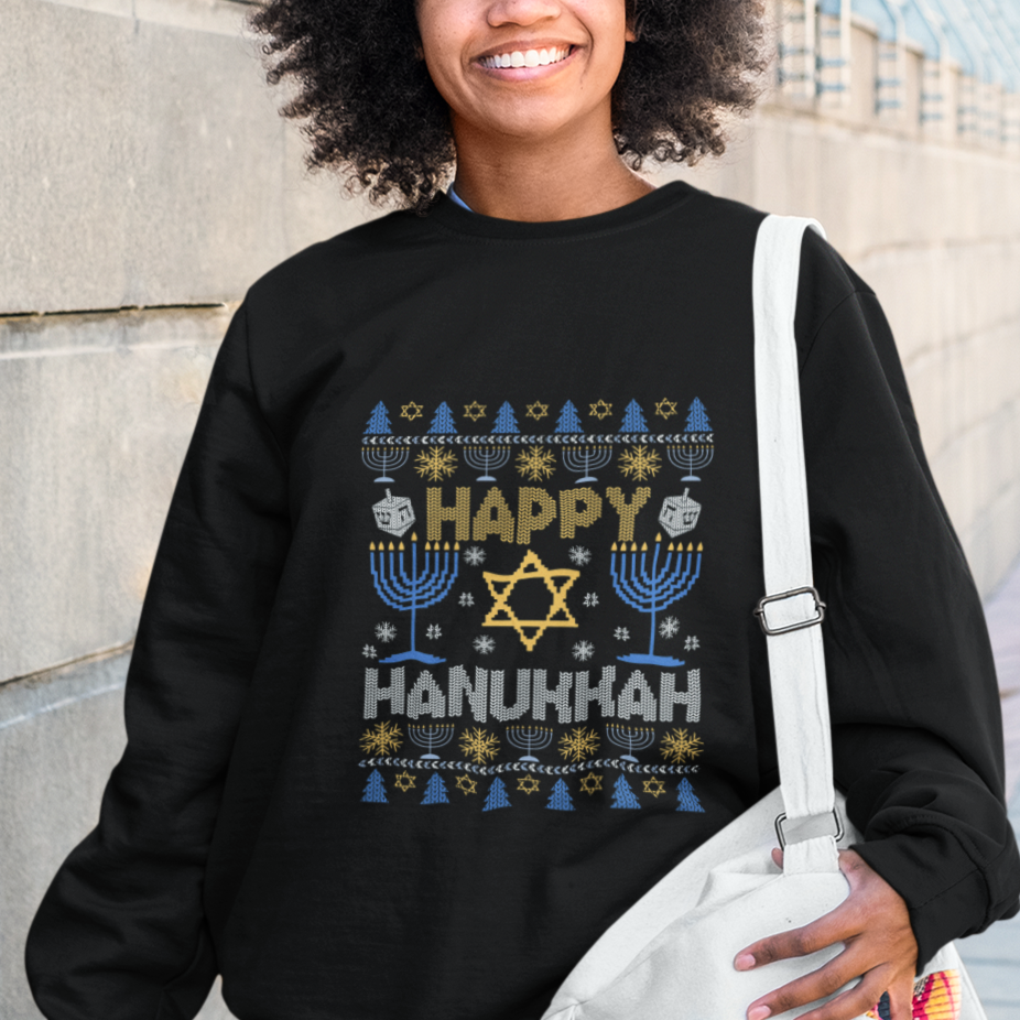 Happy Hanukkah Sweatshirt Jewish Festival of Lights Hanukkiah Menorah Ugly Chanukah - Wonder Print Shop