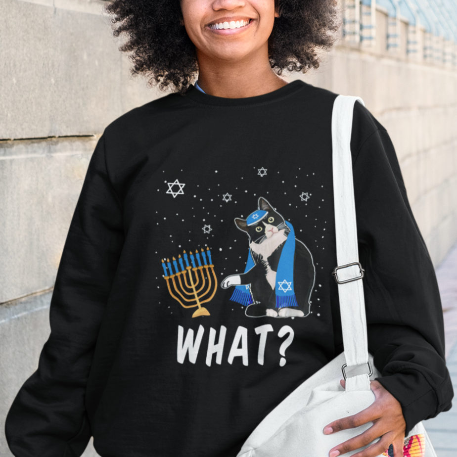 Hanukkah Cat Sweatshirt What Hanukkah Cat Funny Chanukah Jewish Women Girls Kids - Wonder Print Shop