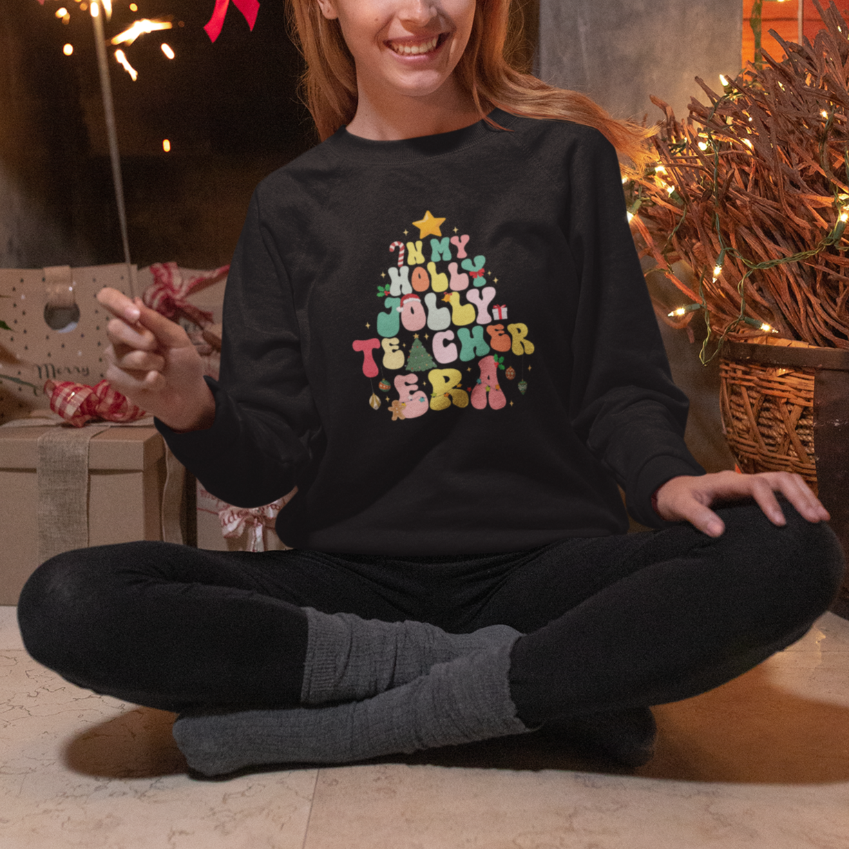 In My Holly Jolly Teacher Era Xmas Groovy Christmas Tree Sweatshirt - Wonder Print Shop