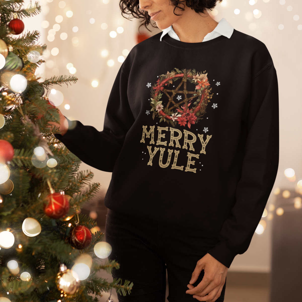 Merry Yule And Winter Solstice Flower Wreath Pentagram Sweatshirt - Wonder Print Shop