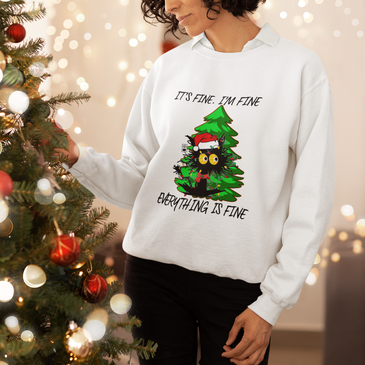 Black Cat Christmas Sweatshirt It's Fine I'm Fine Everthing Is Fine Funny Xmas - Wonder Print Shop