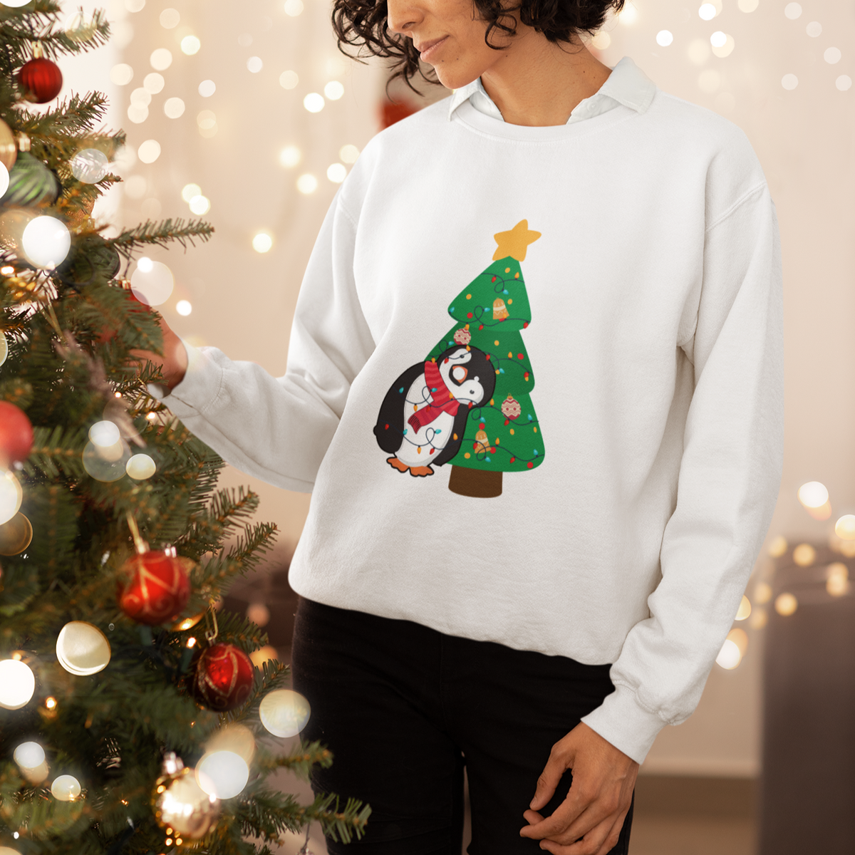 Funny Penguin With Christmas Tree Tangled Xmas Light Sweatshirt - Wonder Print Shop
