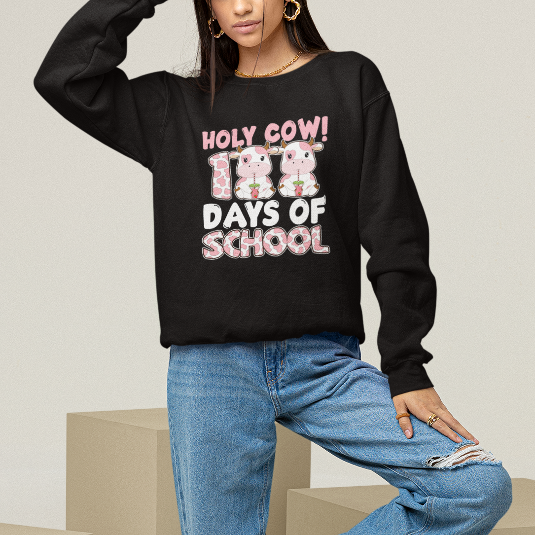 Holy Cow 100 Days of School Sweatshirt Cute Pink Dairy Cattle - Wonder Print Shop