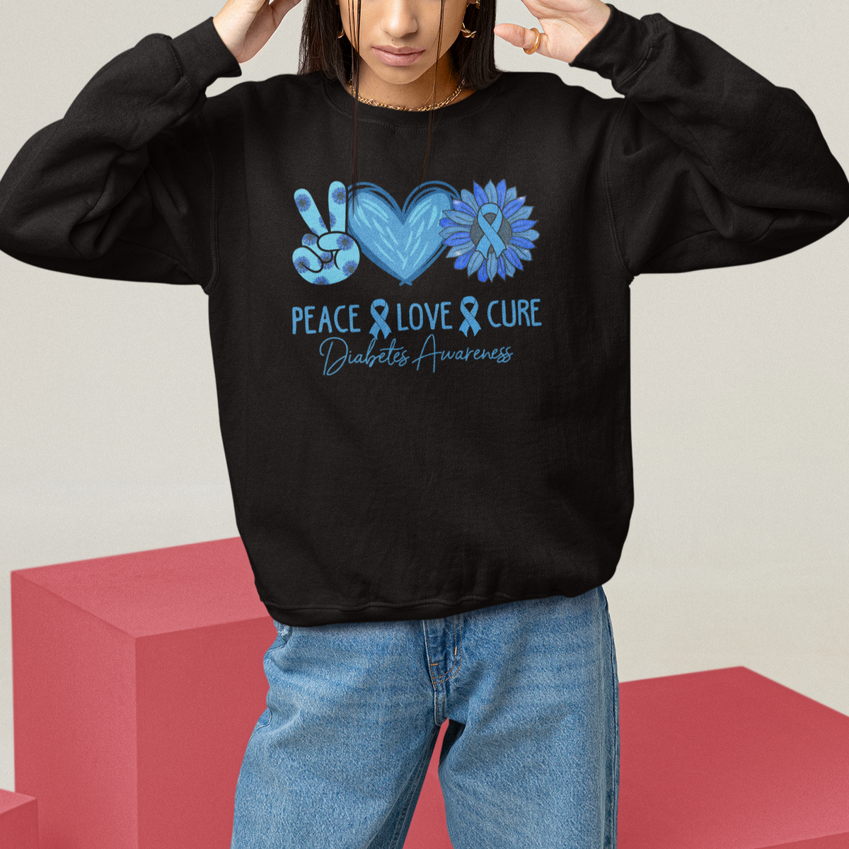 Peace Love Cure Blue Ribbon Sunflower Diabetes Awareness Sweatshirt - Wonder Print Shop
