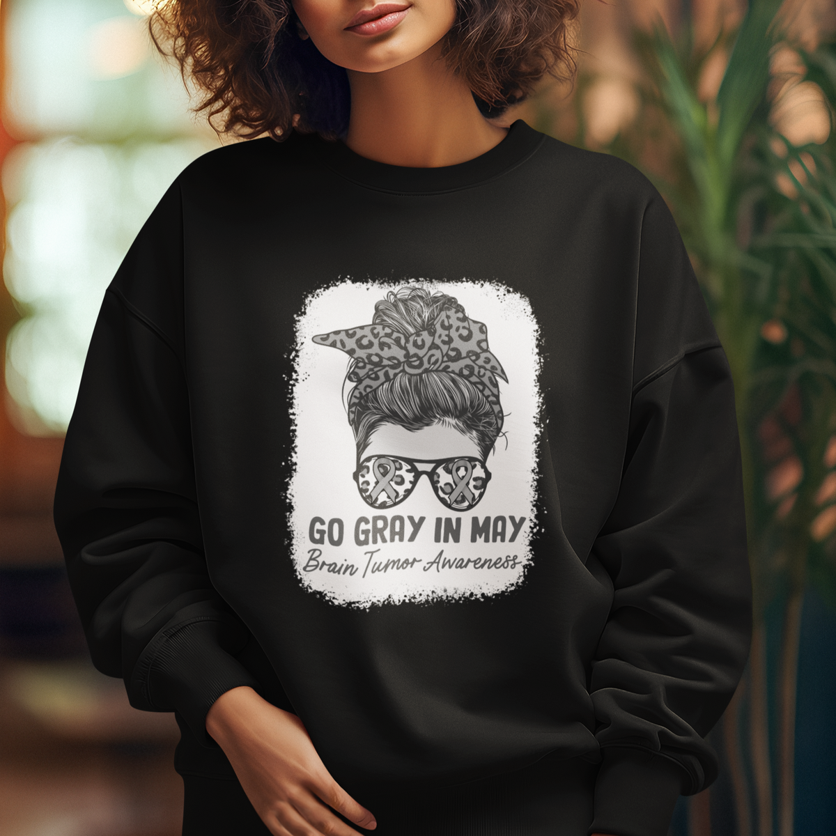 Brain Cancer Sweatshirt Brain Cancer Awareness Shirt Go Gray In May Messy Bun Womens - Wonder Print Shop
