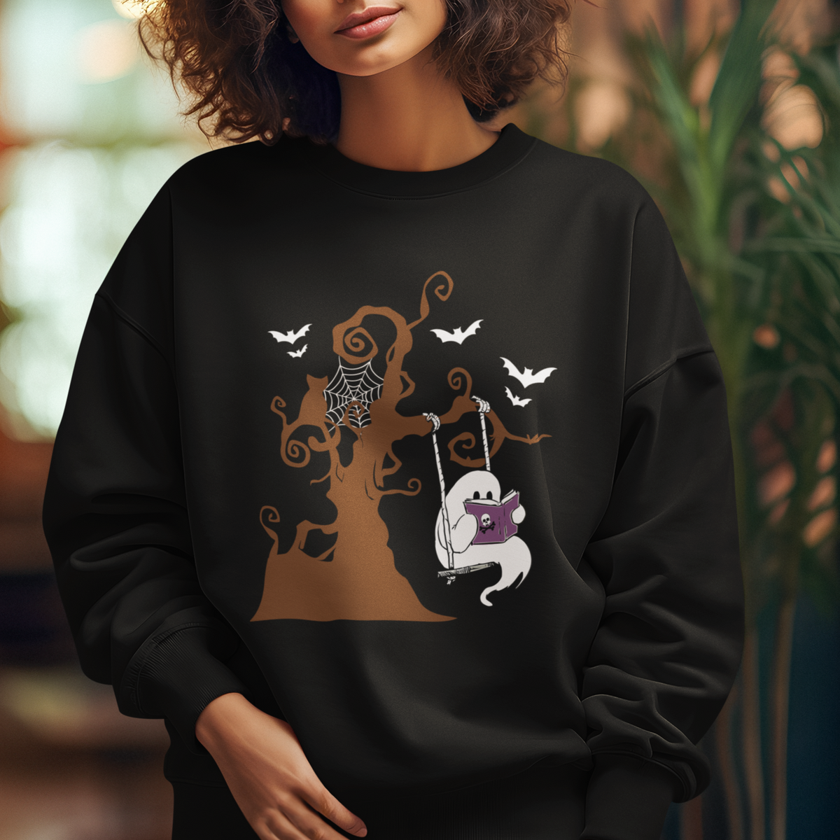 Halloween Bookaholic Sweatshirt Cute Ghost Swing Reading Book - Wonder Print Shop