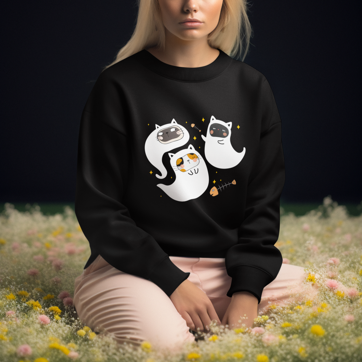 Halloween Cat Lover Sweatshirt Spooky Cute Ghost Costume - Wonder Print Shop