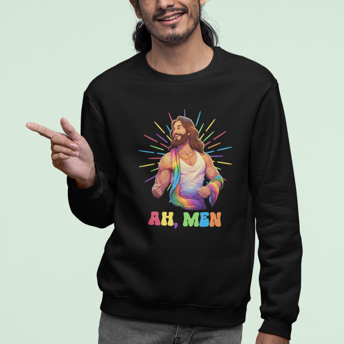 Ah Men Funny LGBT Gay Pride Jesus Rainbow Flag Christian Sweatshirt - Wonder Print Shop