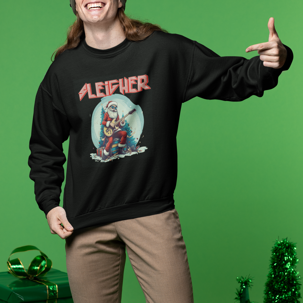 Sleigher Hail Santa Heavy Metal Christmas Rock Sweatshirt - Wonder Print Shop