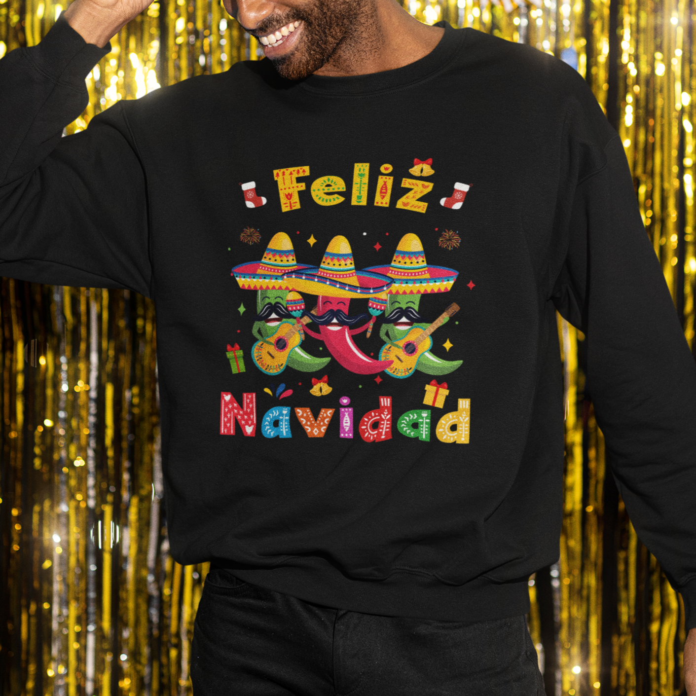 Feliz Navidad Mexican Fiesta Hot Pepper Guitar Party Sweatshirt - Wonder Print Shop