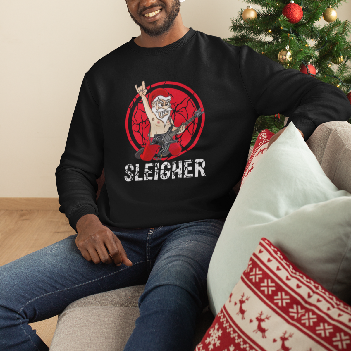Christmas Sweatshirt Sleigher Santa Heavy Mental Music - Wonder Print Shop