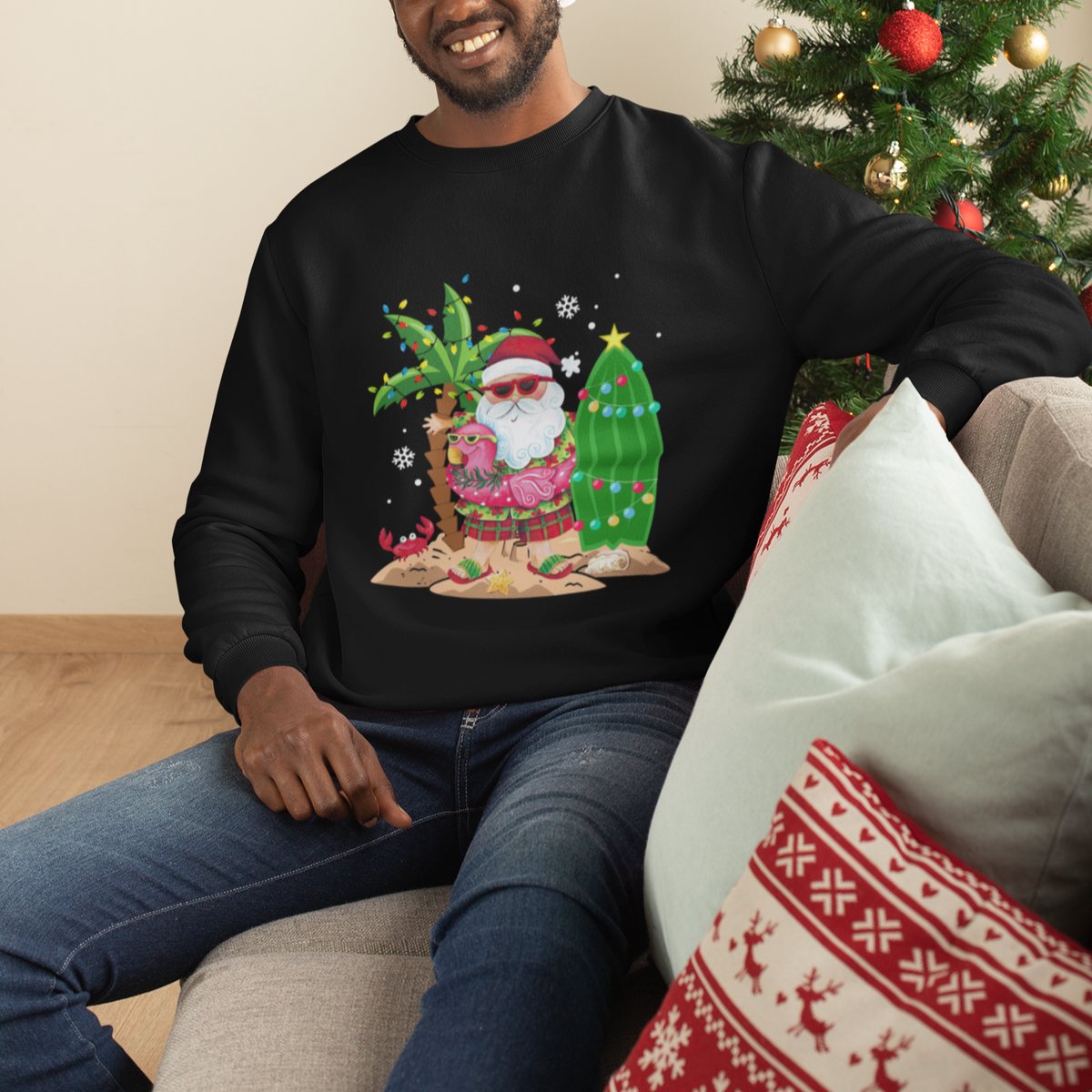Christmas In Hawaii Sweatshirt Flamingo Float Xmas Palm Tree Surfboard Cute Santa At Beach - Wonder Print Shop