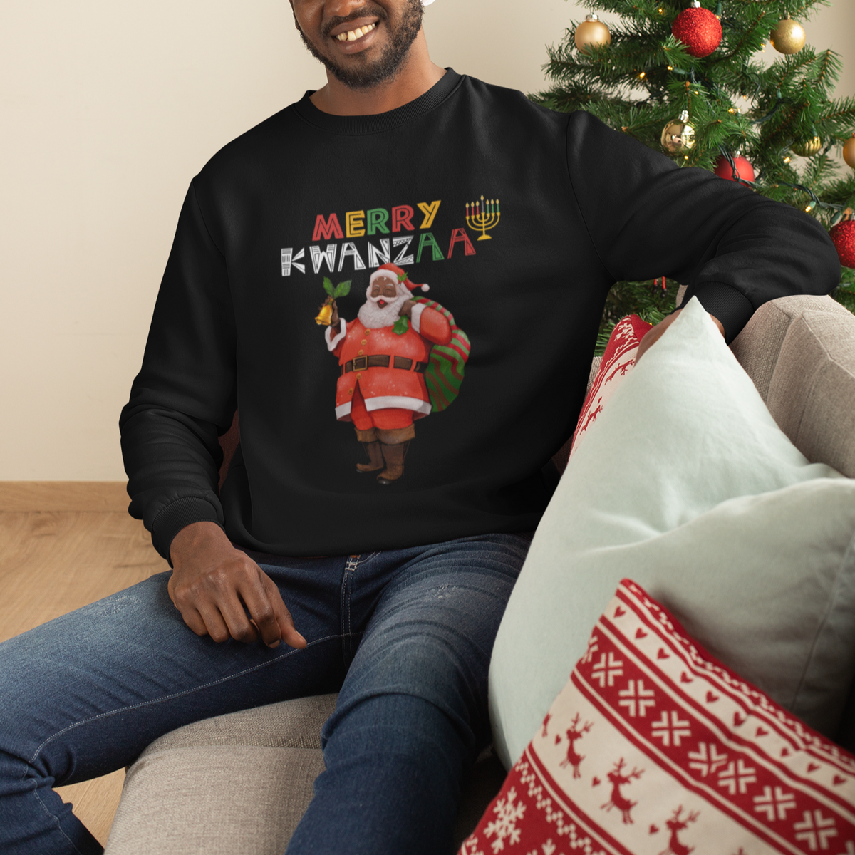 Christmas Sweatshirt Merry Kwanzaa African American Santa - Wonder Print Shop