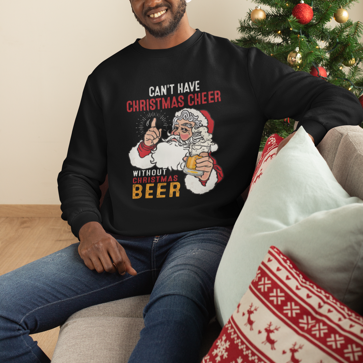 Can't Have Christmas Cheer Without Christmas Beer Santa Drinking Sweatshirt - Wonder Print Shop