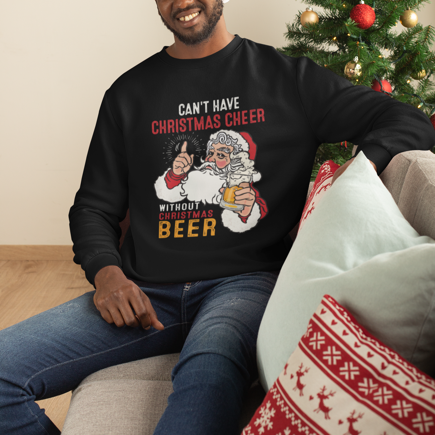 Can't Have Christmas Cheer Without Christmas Beer Santa Drinking Sweatshirt TS09