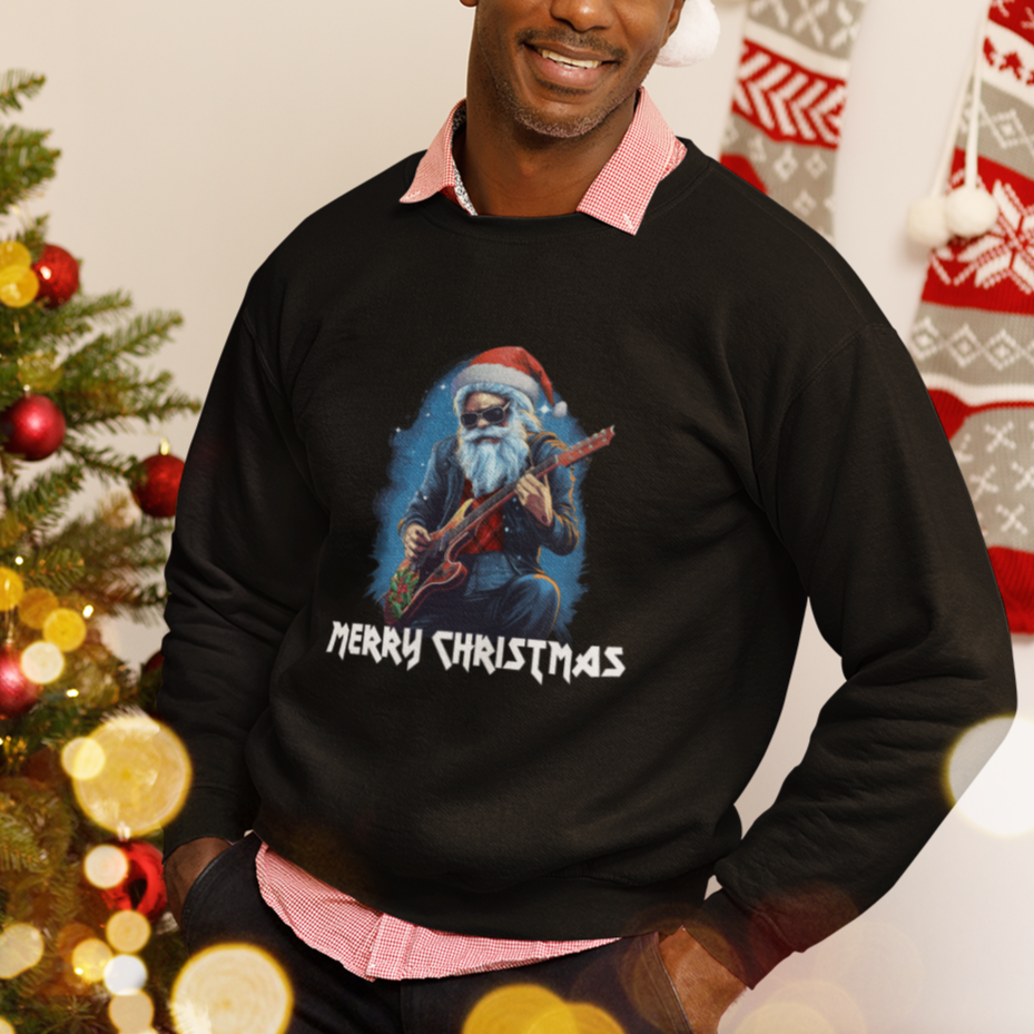 Christmas Sweatshirt Sleigher Hail Santa Rock Electric Guitar Cool Xmas - Wonder Print Shop