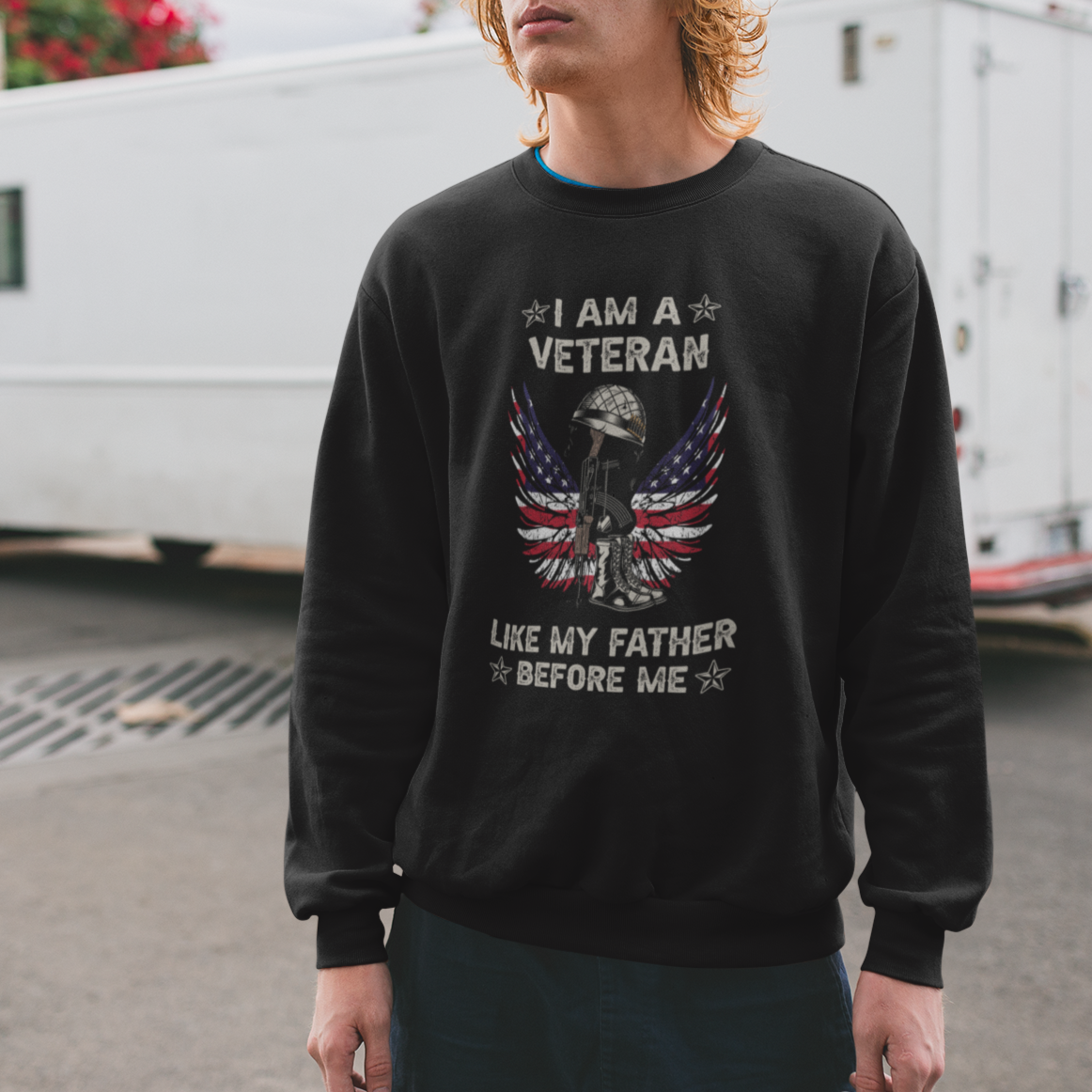 Veteran Sweatshirt I Am Like My Father Before Me American Angel Wings Comnbat Boots And Dog Tags - Wonder Print Shop