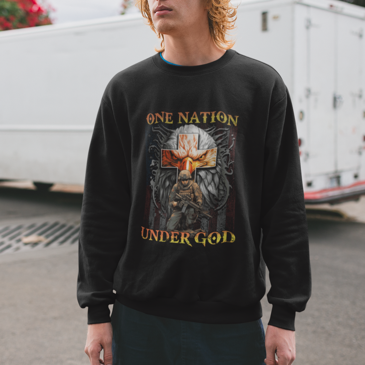 American Patriotic Sweatshirt One Nation Under God Christian Cross Bald Eagle - Wonder Print Shop