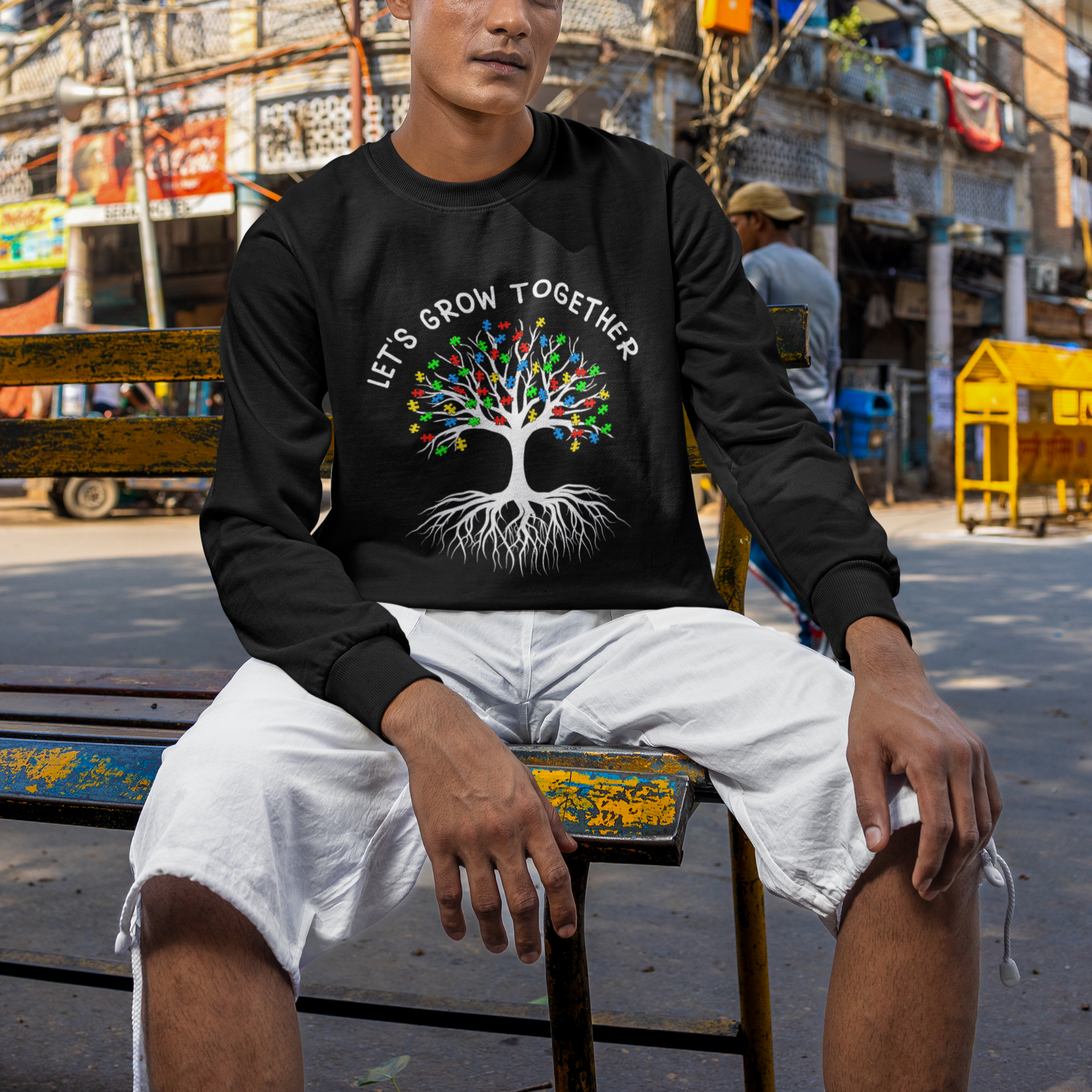 Autism Awareness Sweatshirt Let's Grow Together Puzzle Flowers - Wonder Print Shop