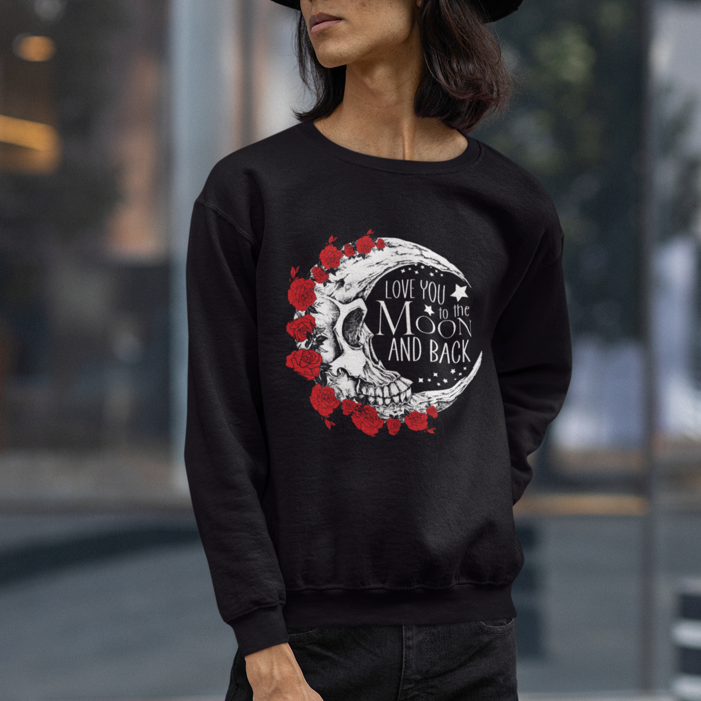 Valentine's Day Sweatshirt Love You To The Moon And Back Skull Rose - Wonder Print Shop