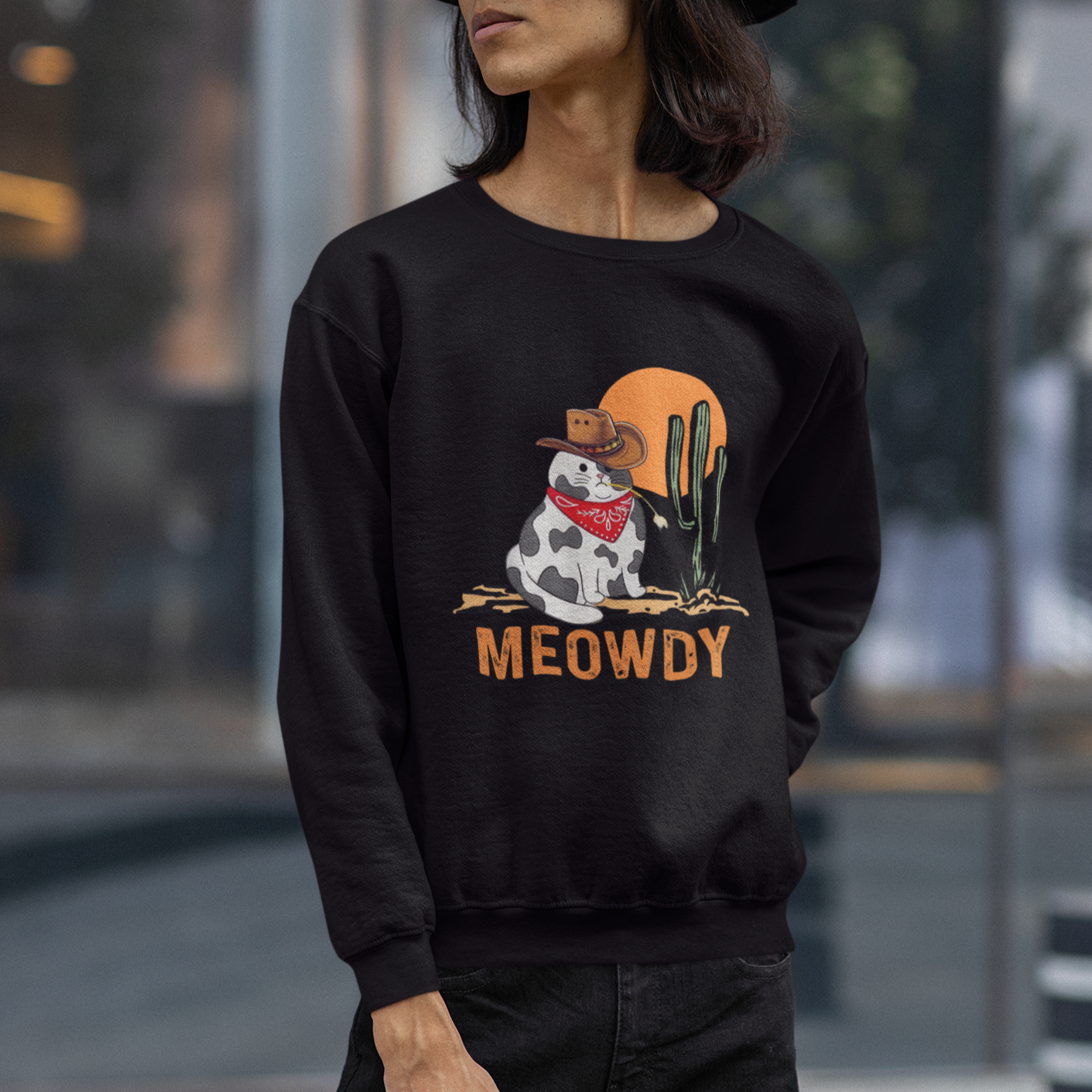 Meowdy Cat Cow Funny Howdy Meme Western Cowboy Sweatshirt - Wonder Print Shop