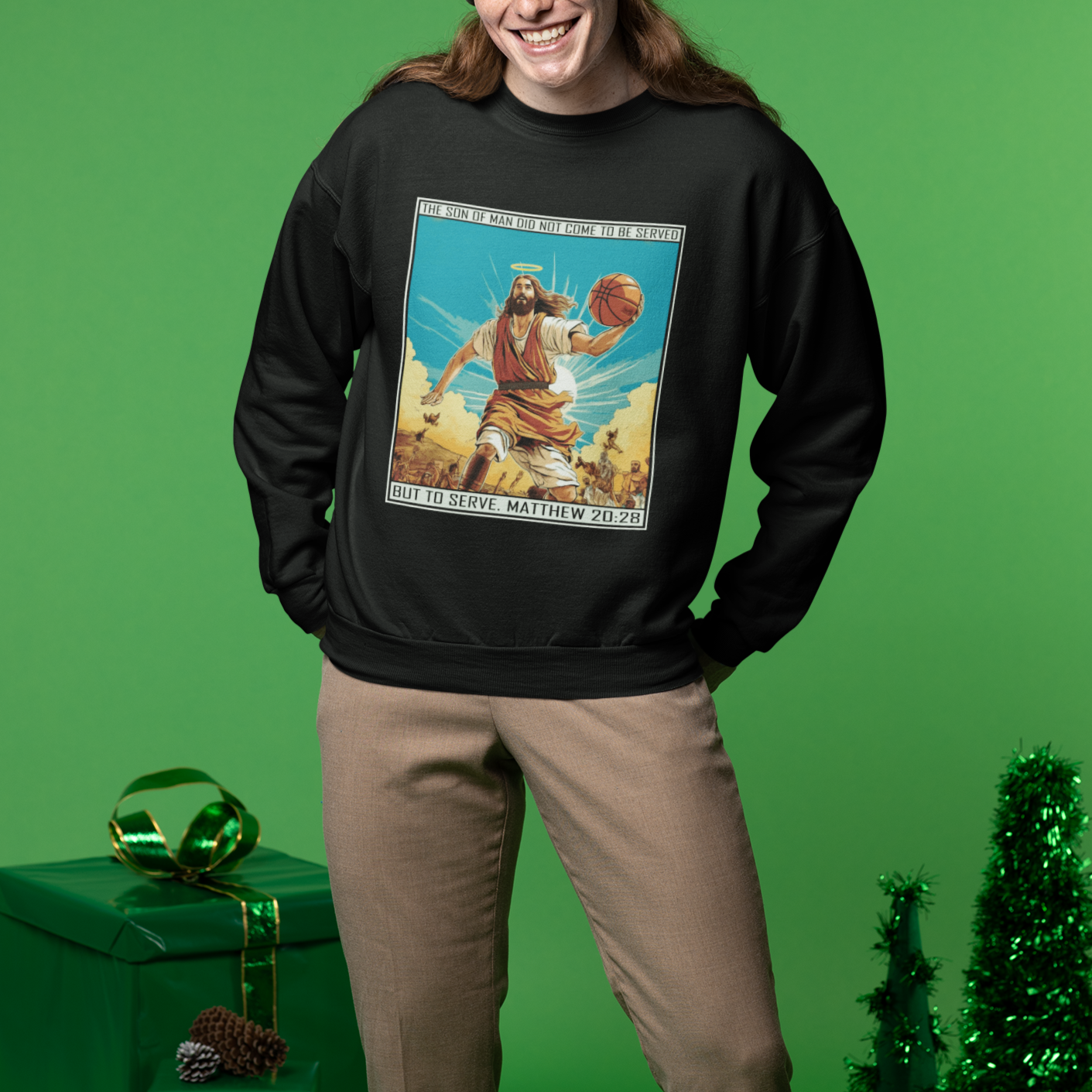 Christmas Sweatshirt Jesus Baseketball Player Crossing Up Christian Funny Xmas - Wonder Print Shop
