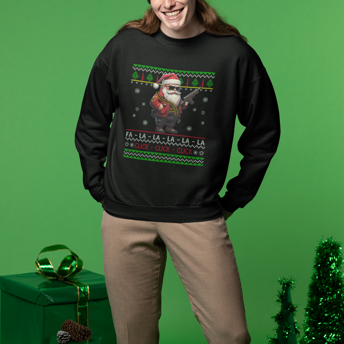 Christmas Sweatshirt Santa Claus Gun Click Click Sing Fa La La La - Wonder Print Shop
