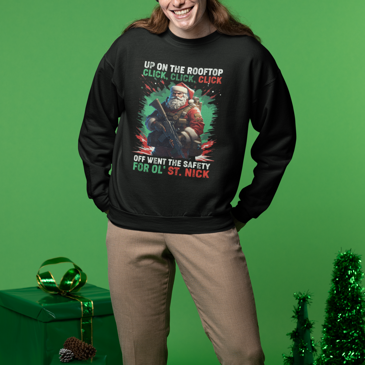 Christmas Sweatshirt Up On The Rooftop Click Click Click Santa Patriotic - Wonder Print Shop
