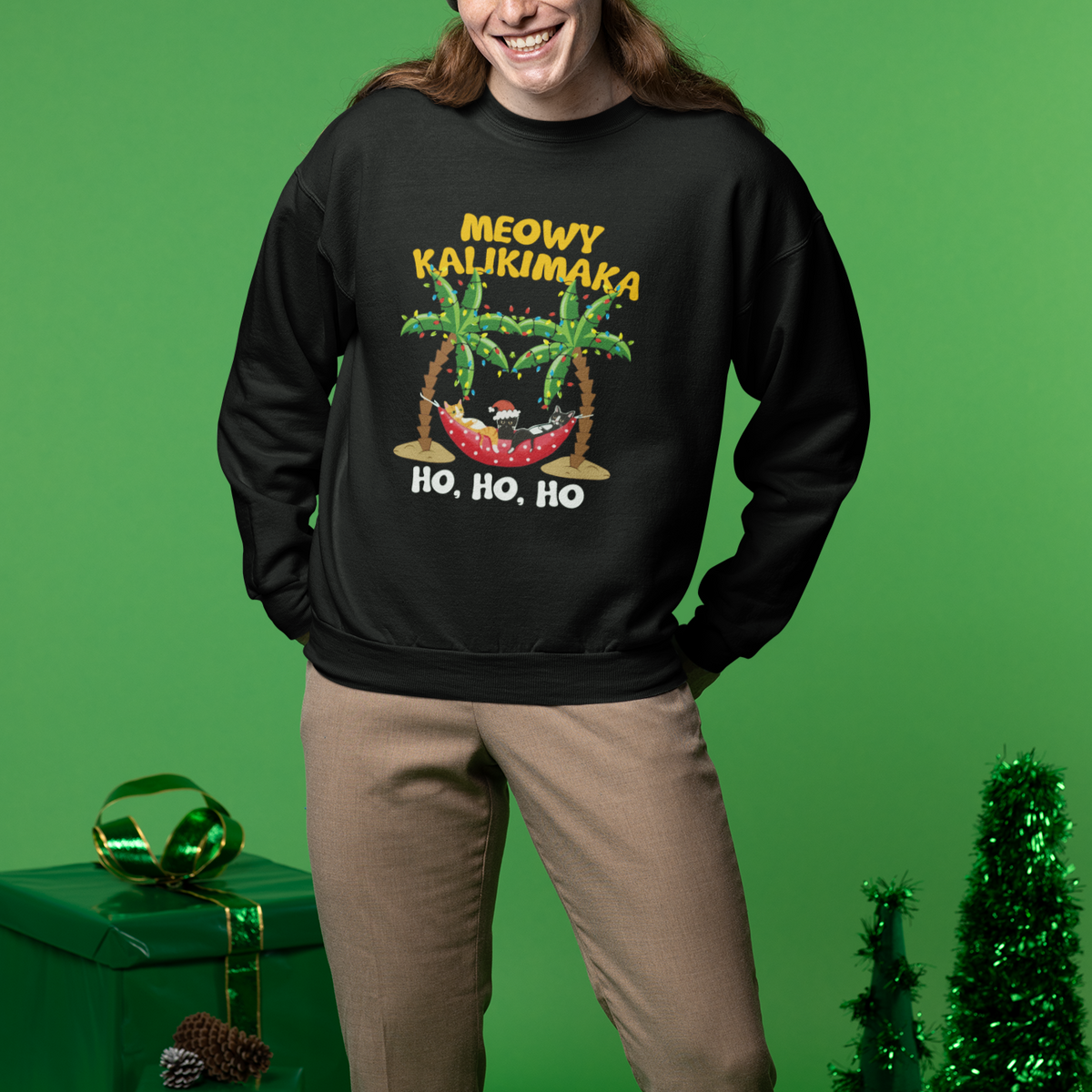 Christmas In Hawaii Sweatshirt Meowy Kalikimaka Cat Chillin' Ho Ho Ho Xmas Palm Tree - Wonder Print Shop