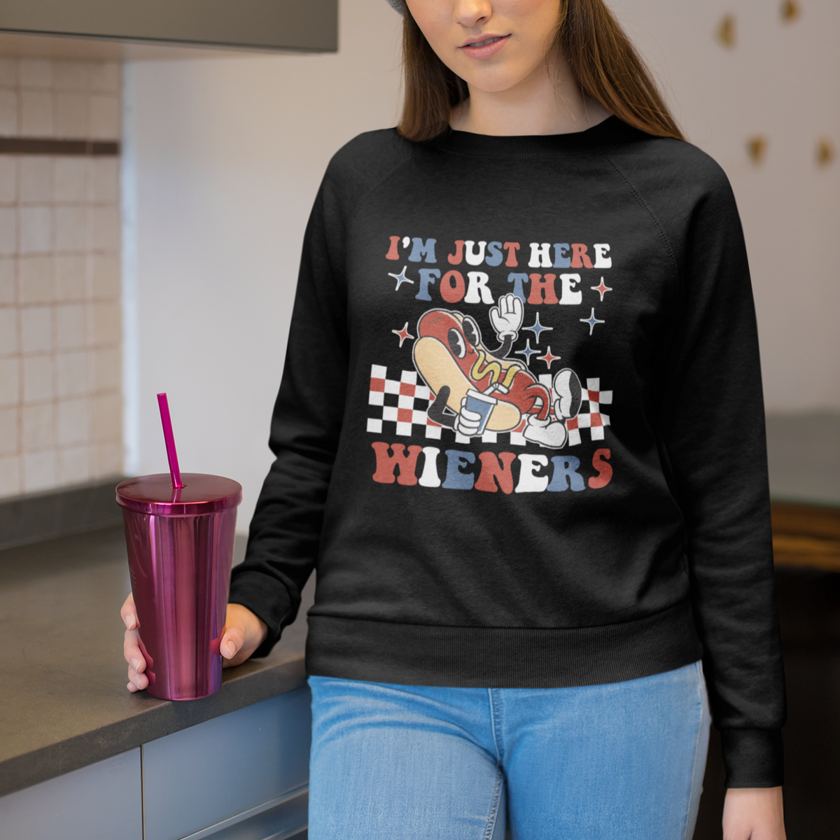 USA Party Sweatshirt Hot Dog I'm Just Here For The Wieners 4Th Of July - Wonder Print Shop