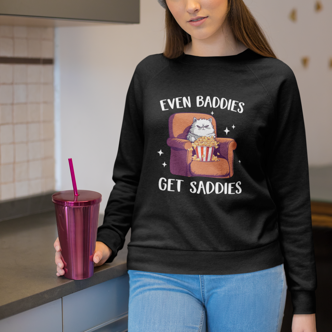 Even Baddies Get Saddies Meme Cat Funny Sweatshirt - Wonder Print Shop