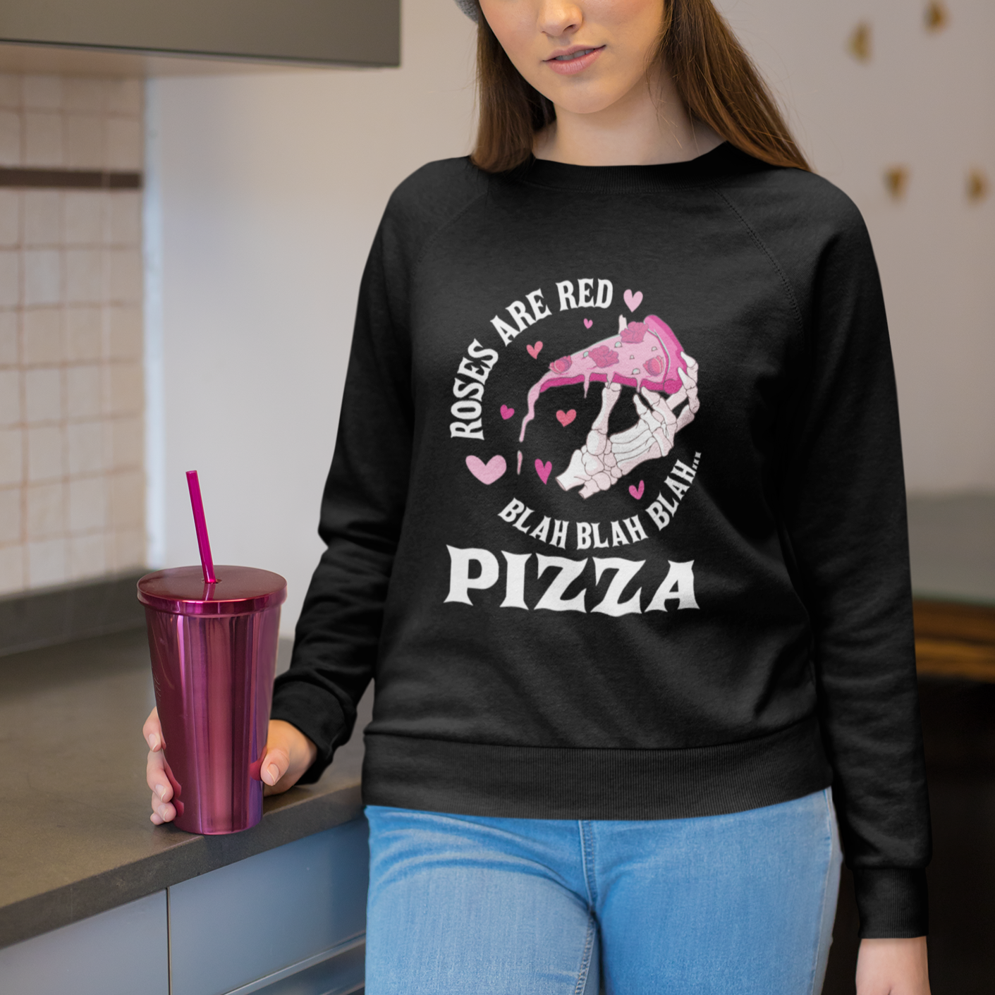 Valentine's Day Sweatshirt Roses Are Red Blah Skeleton Pizza Funny Food Lover - Wonder Print Shop