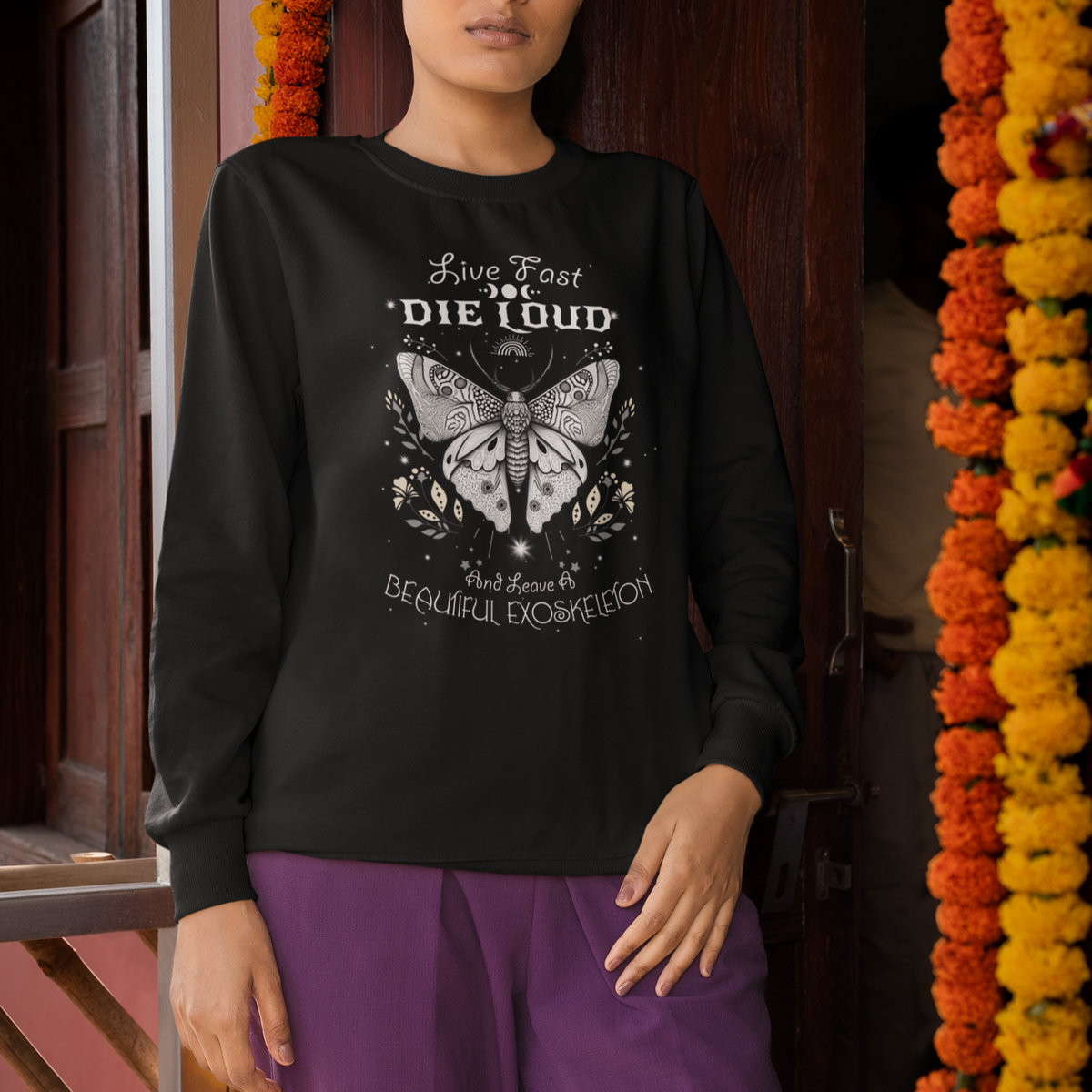 Moth Sweatshirt Live Fast Die Loud and Leave A Beautiful Exoskeleton Celestial Moth Vintage Black and White Spiritual Shirt for Women, Moth T-shirt, Spirituality Shirt - Wonder Print Shop