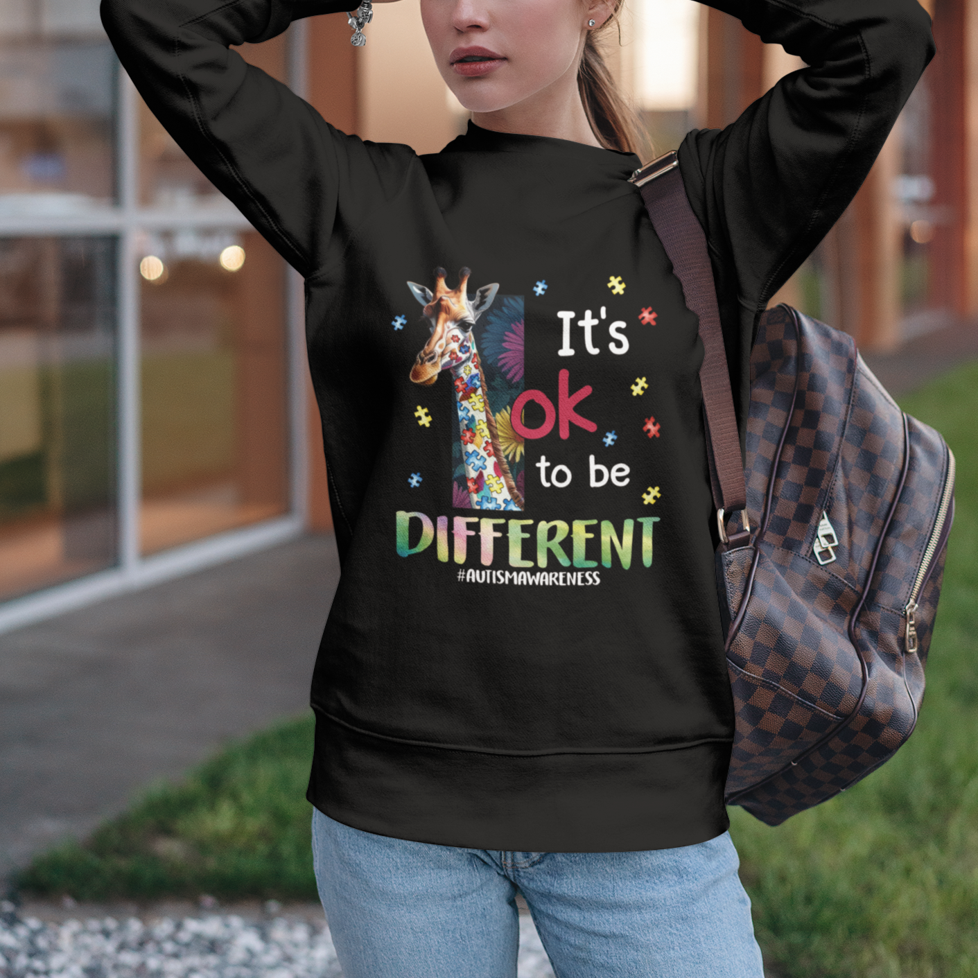 Autism Awareness Sweatshirt It's Ok To Be Different Puzzle Giraffe - Wonder Print Shop