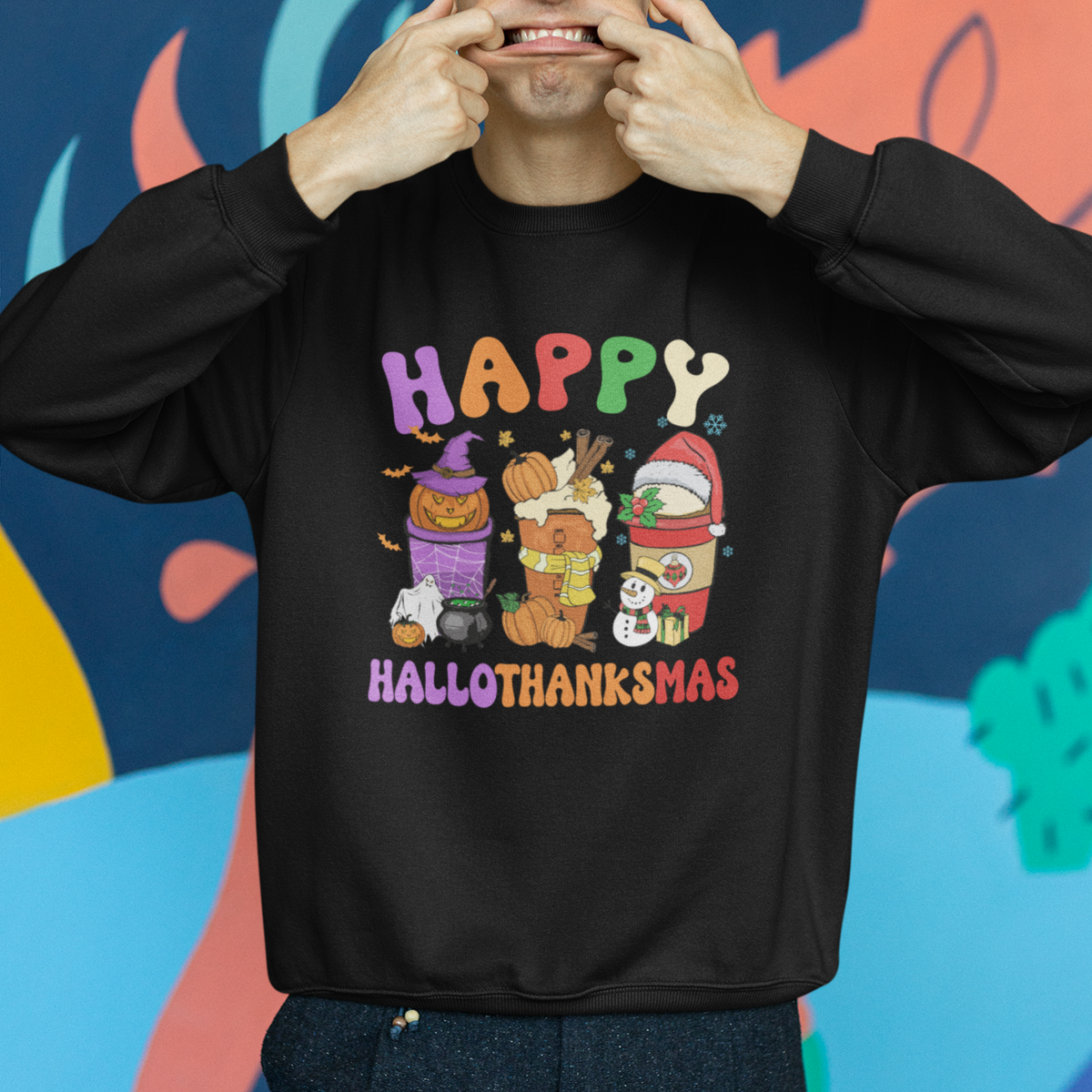 Hallothanksmas Sweatshirt Halloween Thanksgiving Christmas Happy HalloThanksMas Latte - Wonder Print Shop