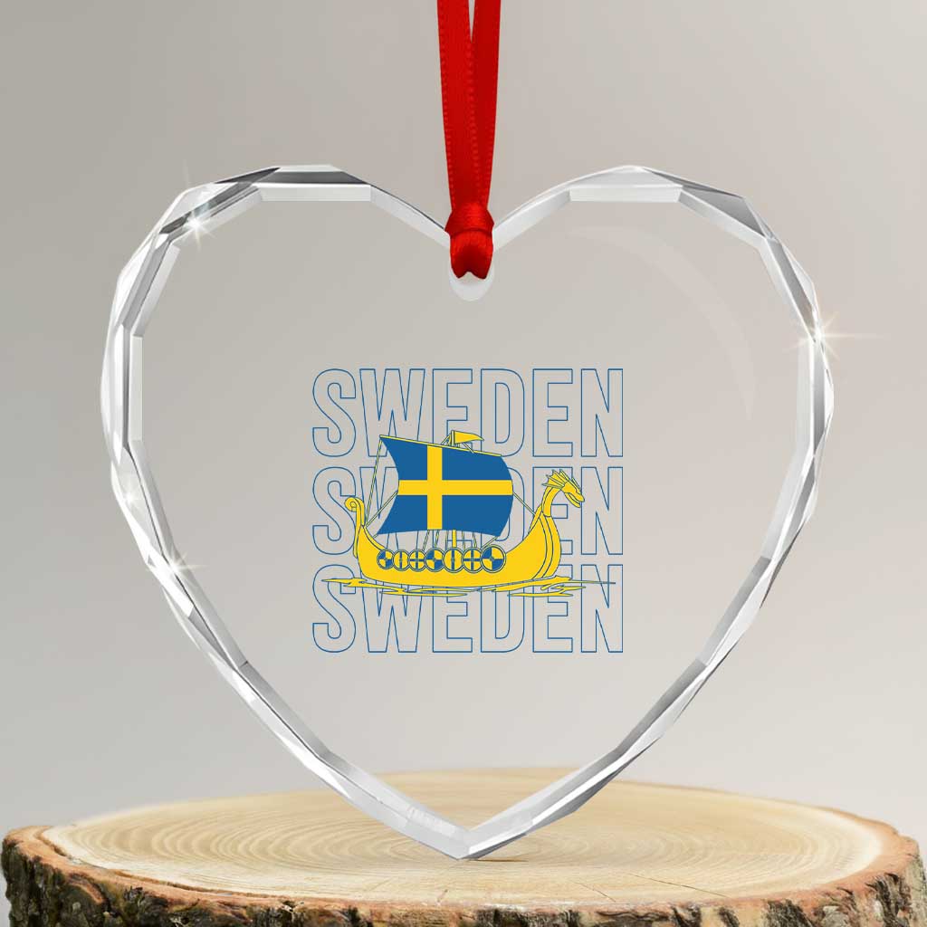 Swedish Viking Ship Sverige Sweden Flag Boat Viking Heart Crystal Glass Ornament