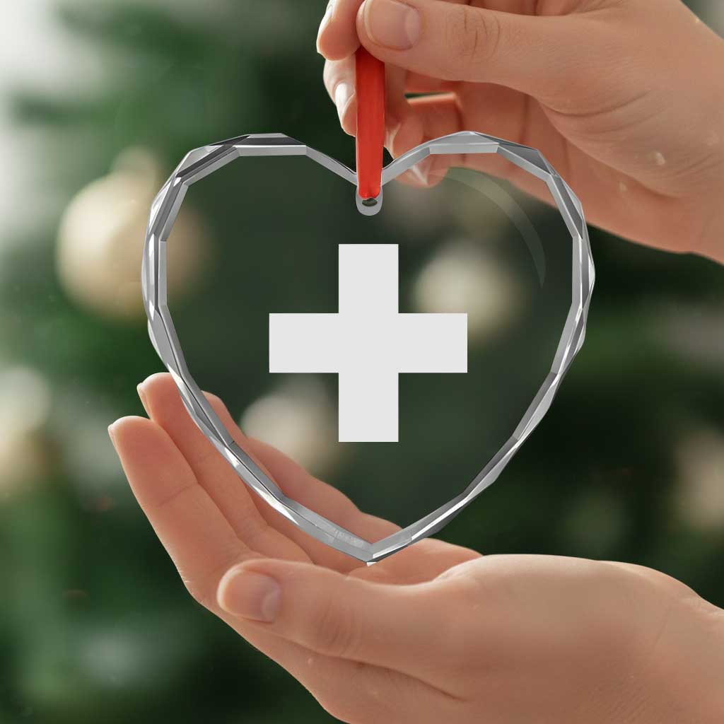 Swiss Vintage Cross Flag Switzerland Heart Crystal Glass Ornament