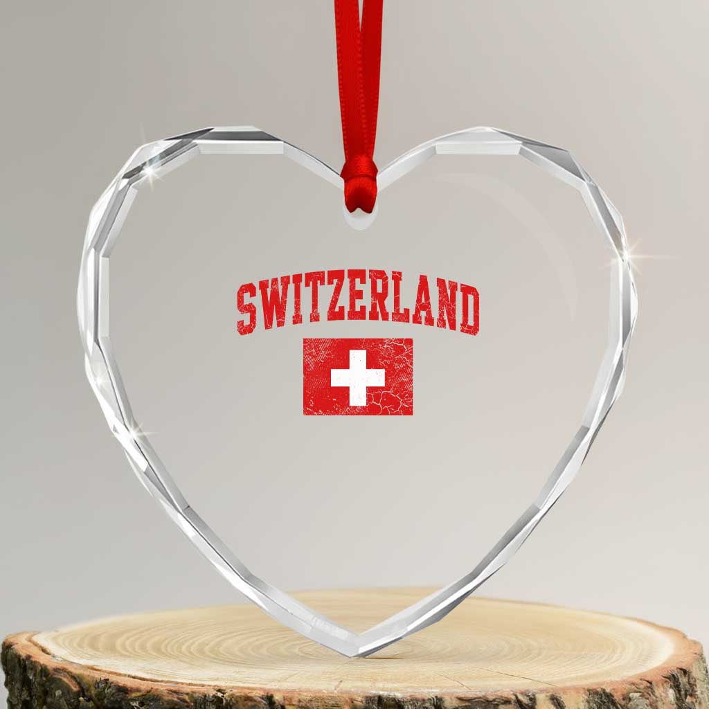Switzerland Fan Heart Crystal Glass Ornament Vintage Retro Swiss Cross Flag