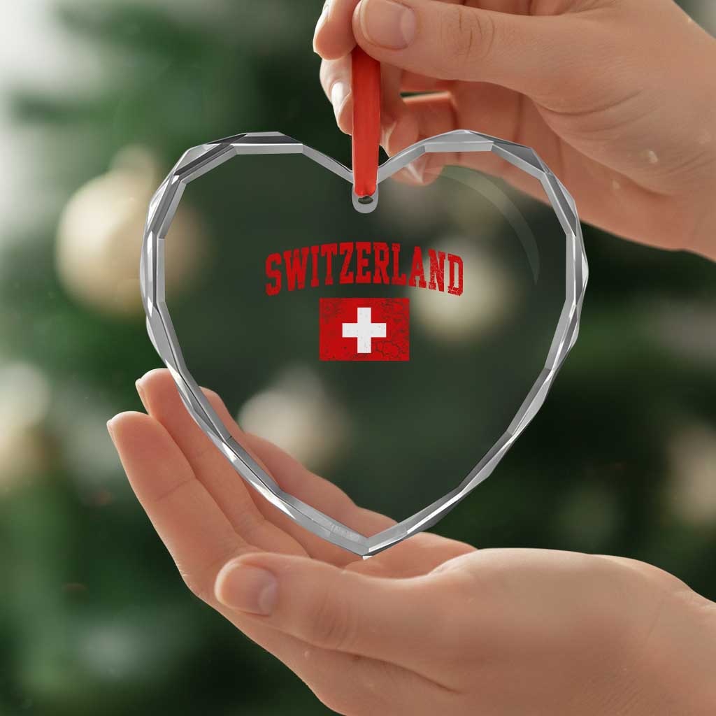 Switzerland Fan Heart Crystal Glass Ornament Vintage Retro Swiss Cross Flag