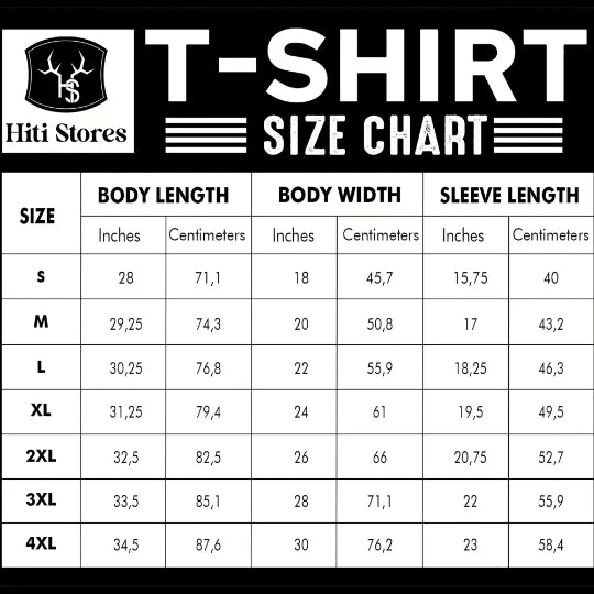 T-shirt size chart graphic with body length, width, and sleeve length for sizes S to 4XL