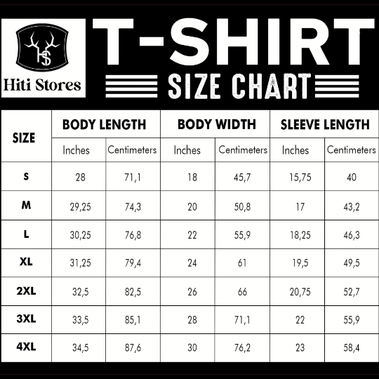 T-shirt size chart showing body length, body width, and sleeve length