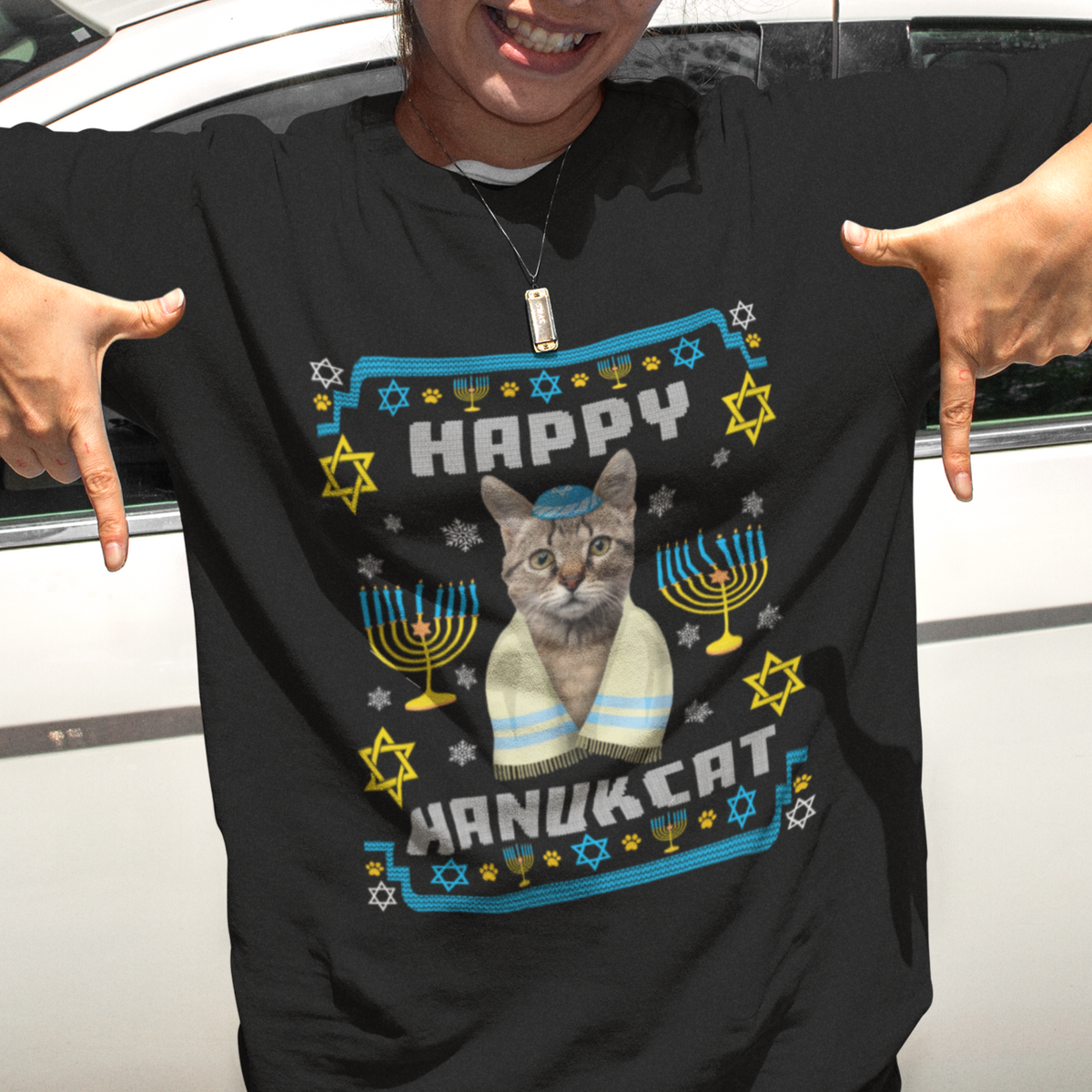 Hanukkah Cat T Shirt Happy Hanukcat Jewish Hanukkah Cat Menorah Ugly Chanukah - Wonder Print Shop