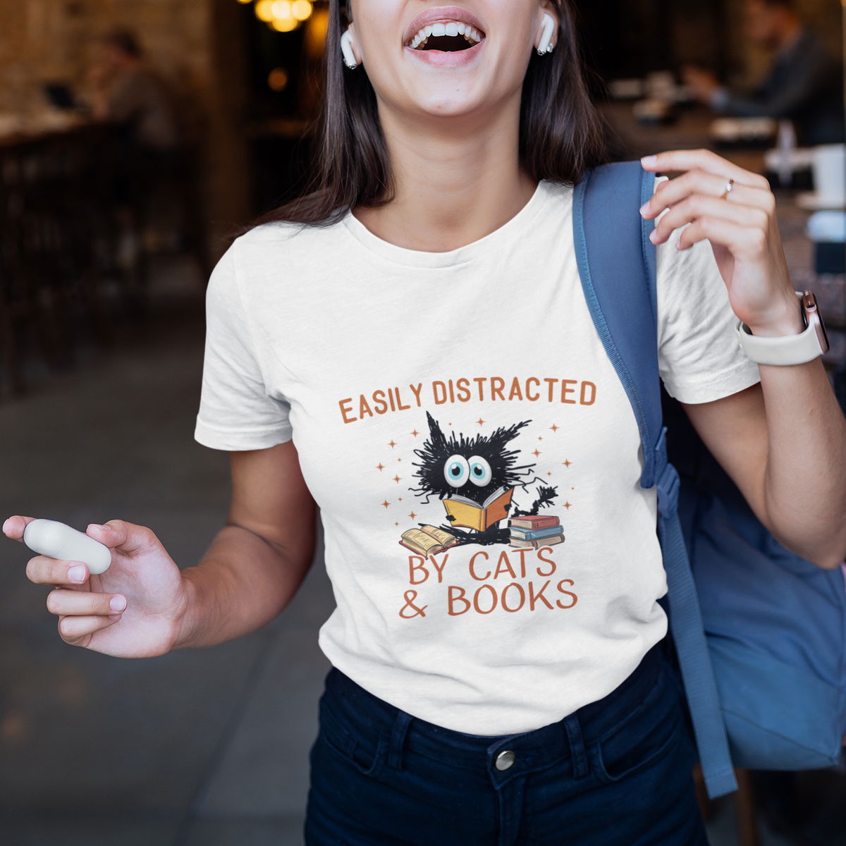 Cat & Book Lover T Shirt Easily Distracted By Cats And Books Funny Black Cat Meme - Wonder Print Shop