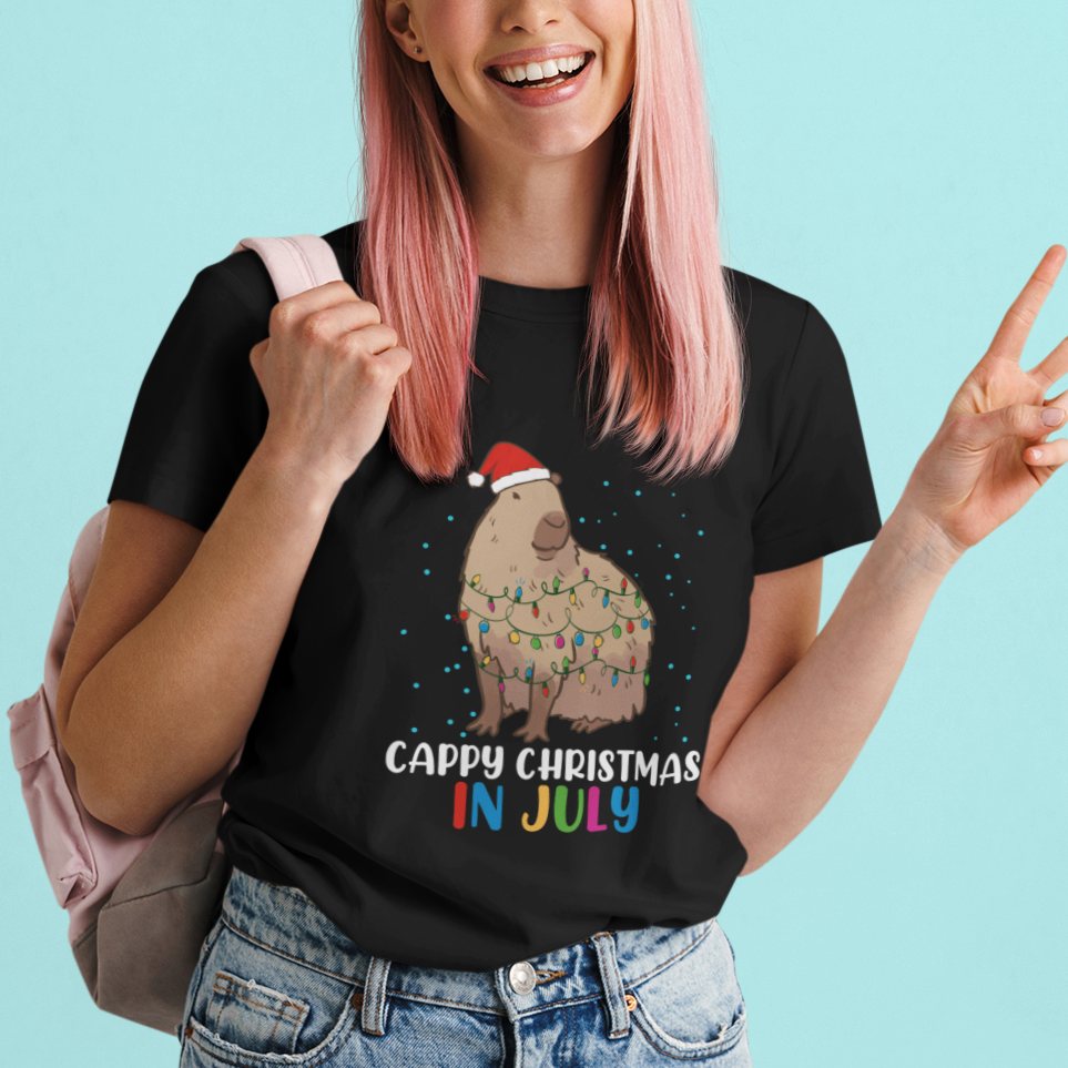 Christmas in July T Shirt Christmas in July Cute Capybara Cappy Christmas Xmas Lights - Wonder Print Shop